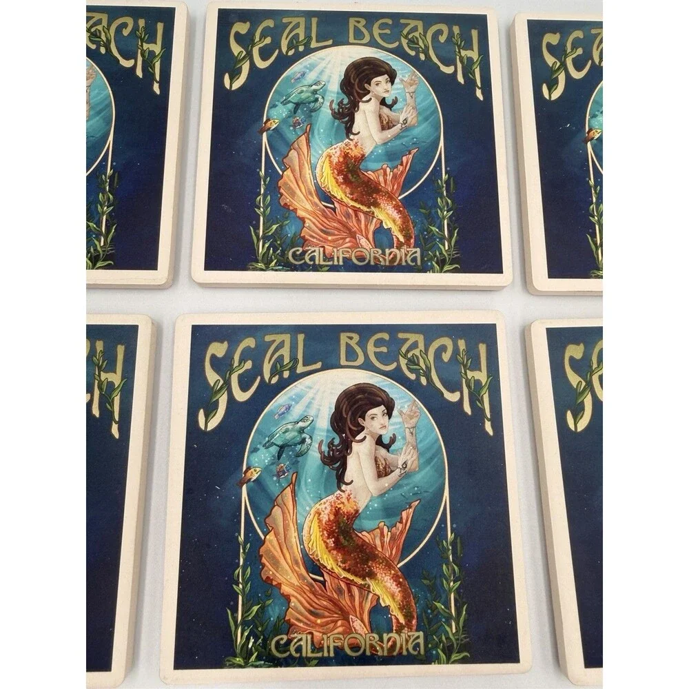 Seal Beach California Mermaid Ceramic Tile Coasters Set of 6 Cork Back Coastal